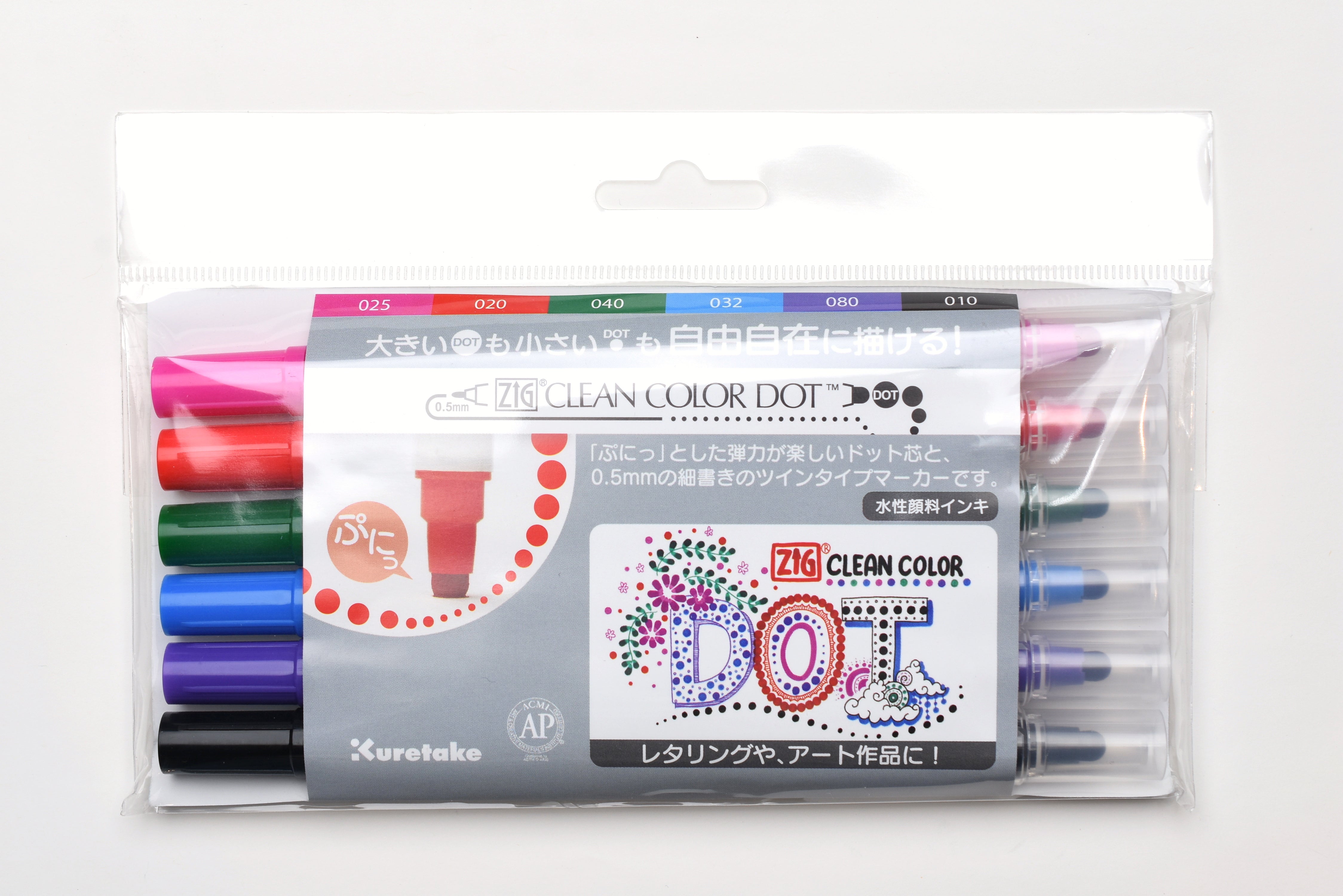 Kuretake ZIG Clean Color Dot Marker - 6 Basic Colors Set